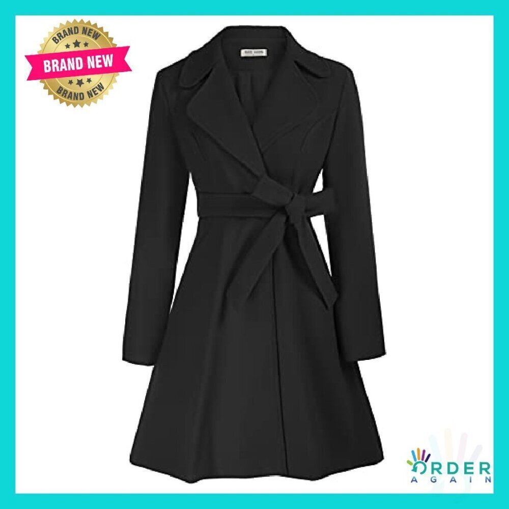 A-Line Peacoat Dress Coat Belted Notch Lapel Elegant Classic Trench - Picture 2 of 8